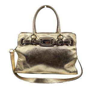 Michael Kors MK Satchel Tote Bag Pale Gold Hamilton Leather East West Large